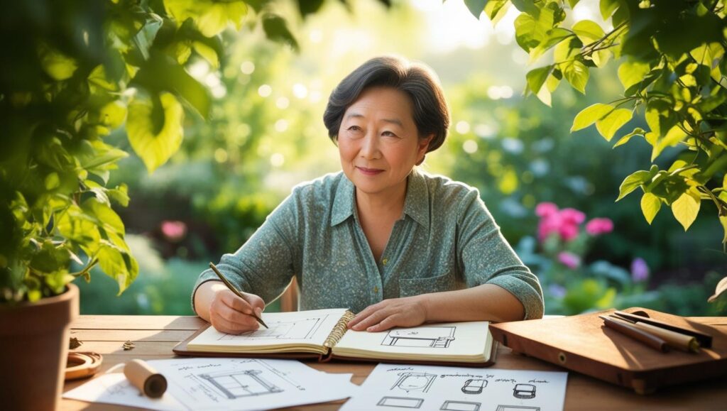 DIYでガーデニングシンクを作ろうと計画する女性が設計図を描いている様子