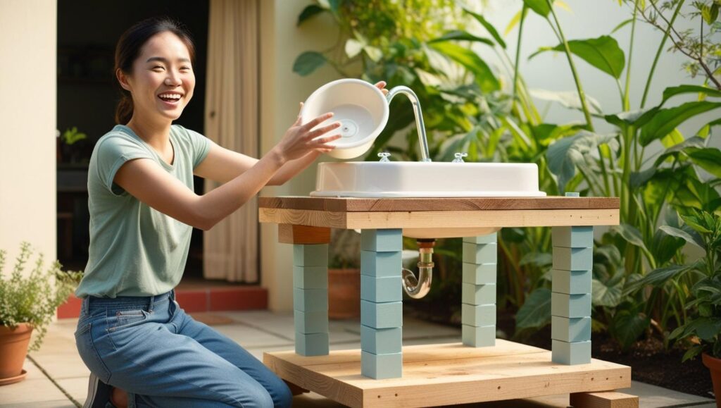 女性がブロックと板で簡単に作ったガーデンシンクを組み立てる様子