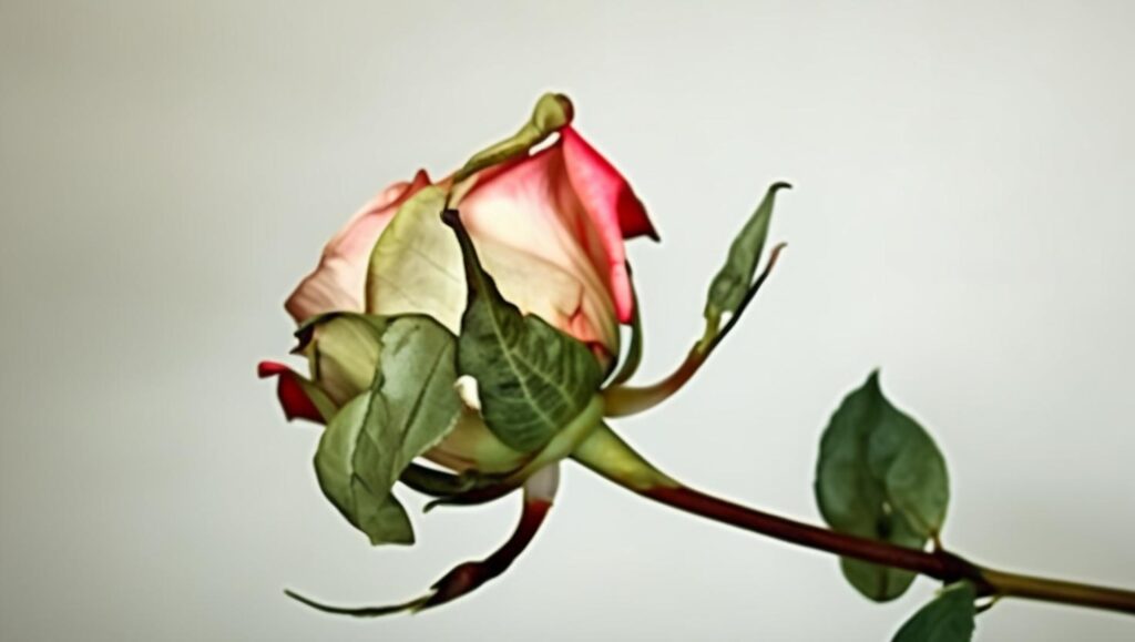 しおれたバラのアップ写真(トラブルの状態を伝える)
「元気がなくなったしおれた切り花のバラ。うつむいた花首と乾いた茎」