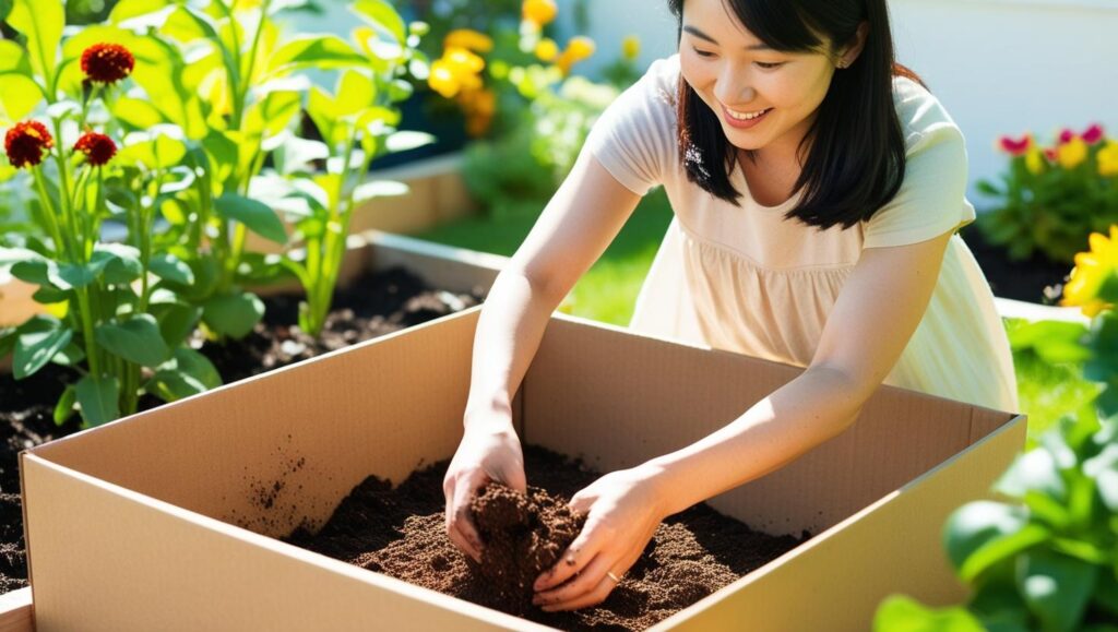 小庭で、ダンボール箱の中にガーデニング土を入れて、手で混ぜている女性。